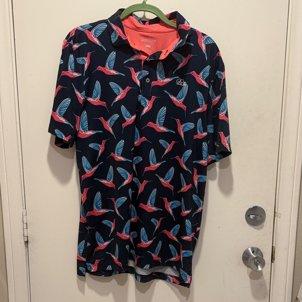 Men's Navy Hummingbird Print Good Good Golf Polo Shirt size Large